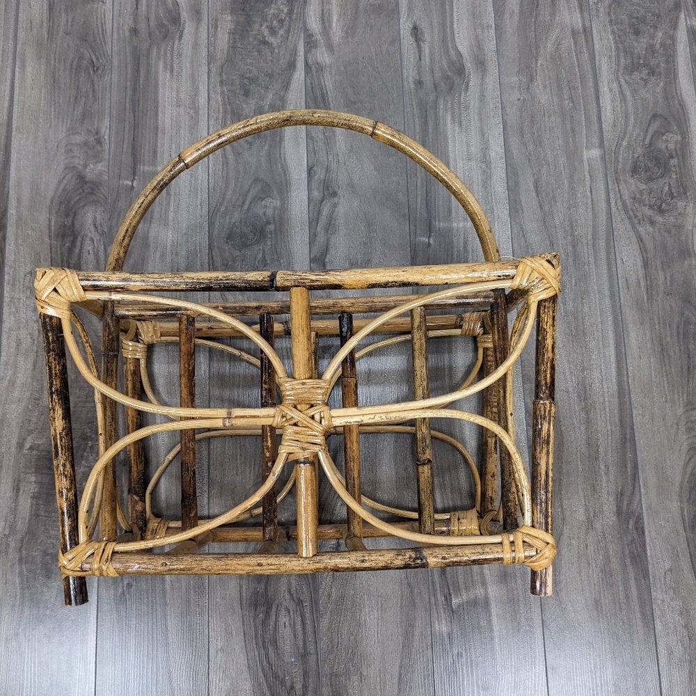 Vintage Boho Rattan Bamboo Butterfly Magazine Rack MCM